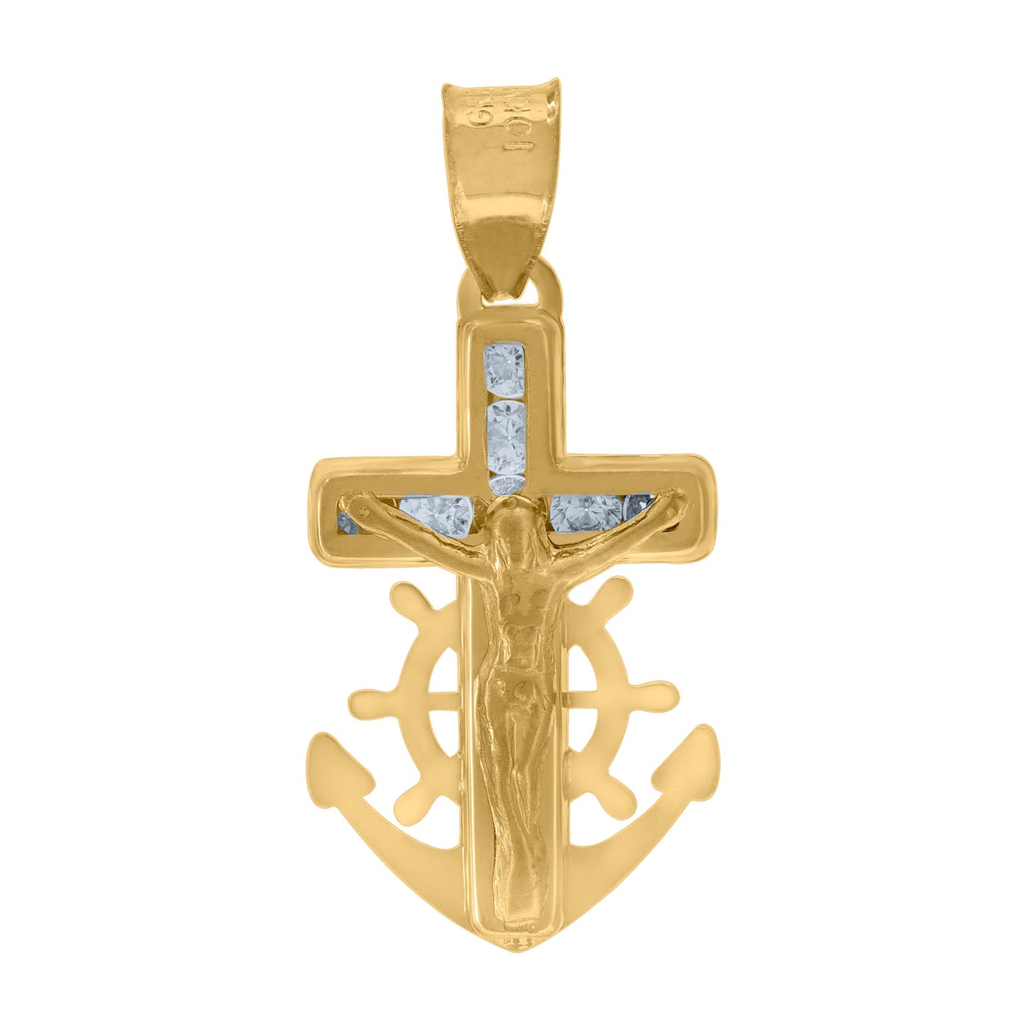 10K Yellow Gold Unisex Cubic Zirconia Cubic-Zirconia Anchor Crucifix Cross Religious Charm Pendant
