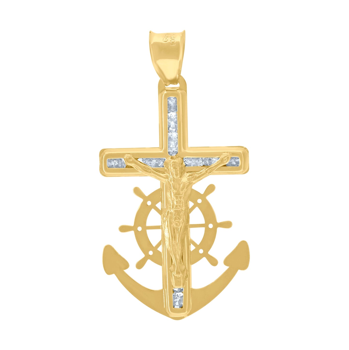 10K Yellow Gold Unisex Cubic Zirconia Cubic-Zirconia Anchor Crucifix Cross Religious Charm Pendant