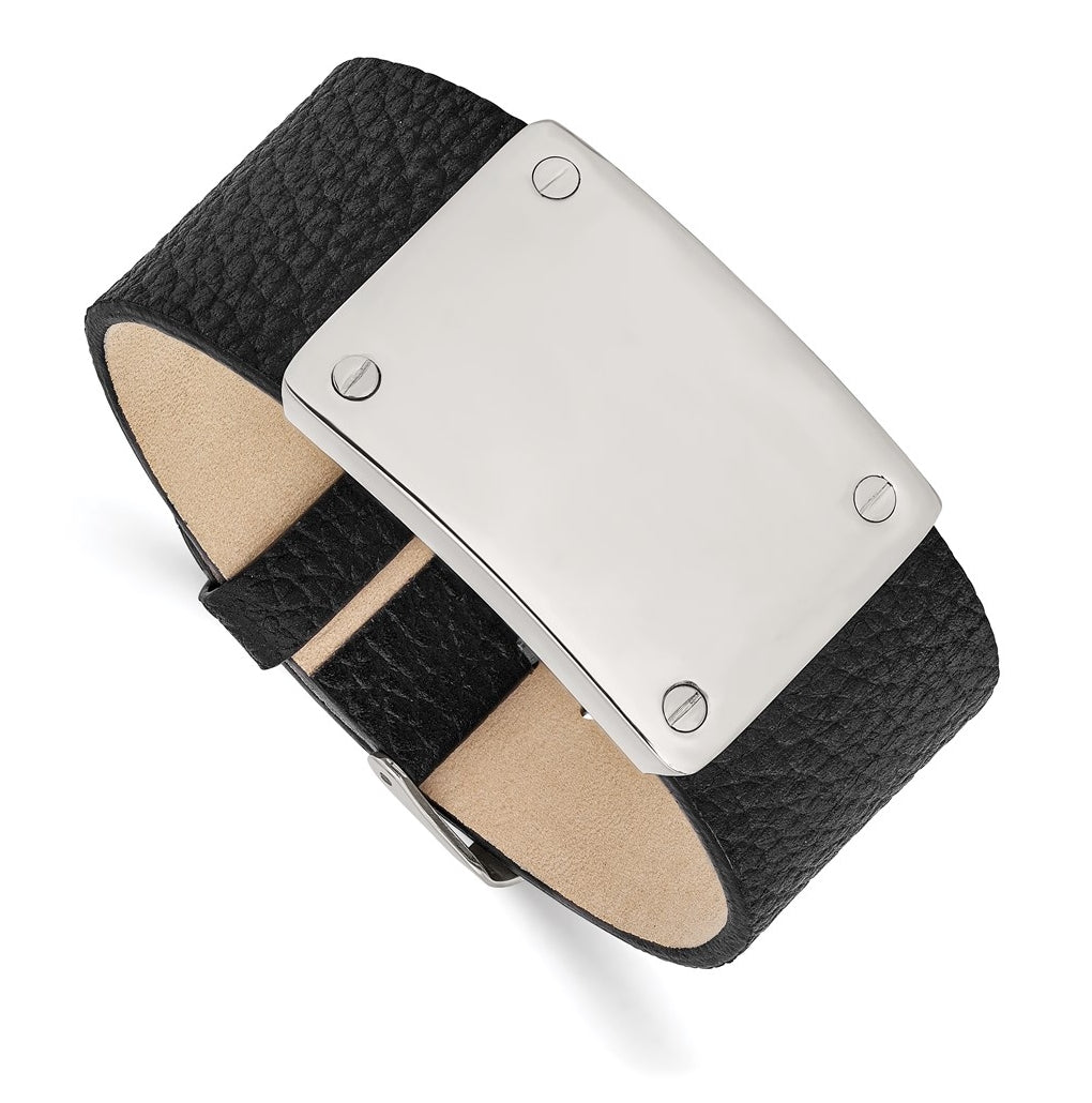 Stainless Steel Polished Black Leather Adjustable 8.5in ID Bracelet