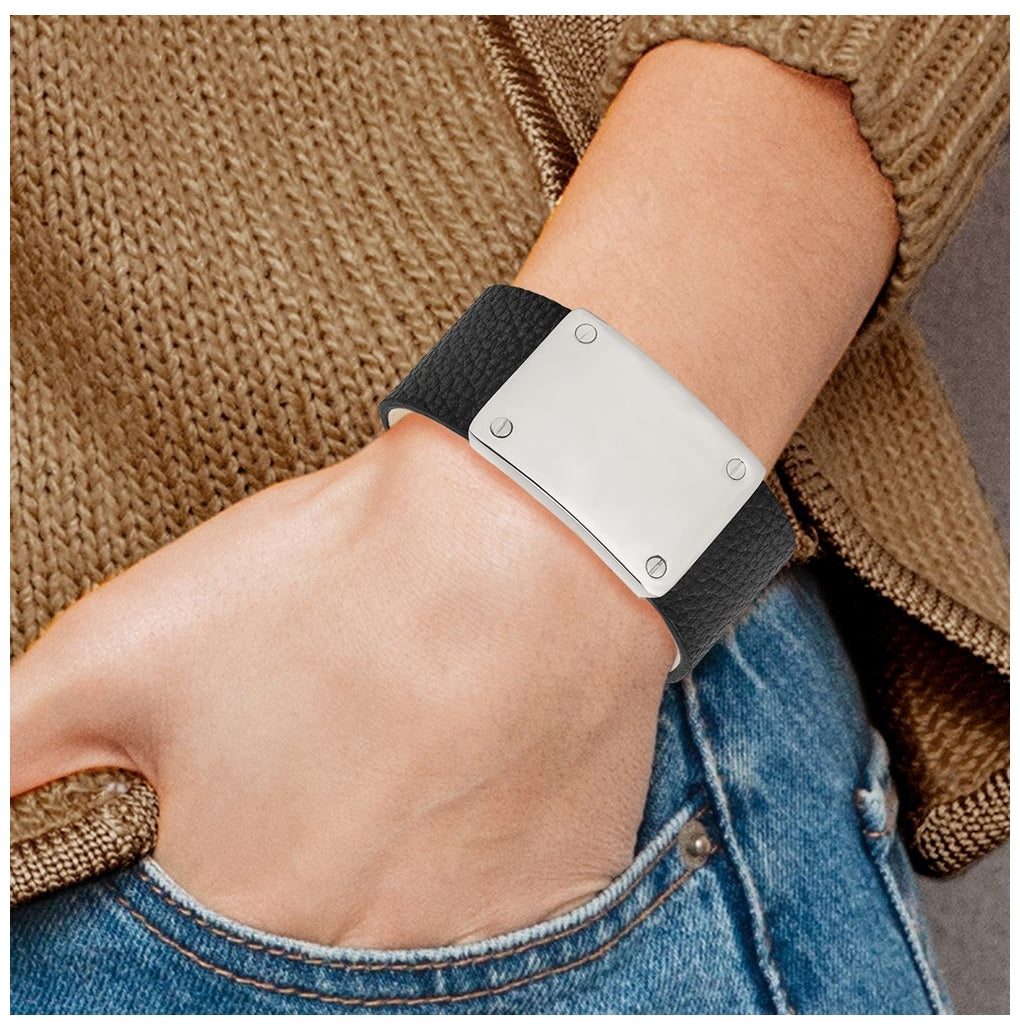 Stainless Steel Polished Black Leather Adjustable 8.5in ID Bracelet