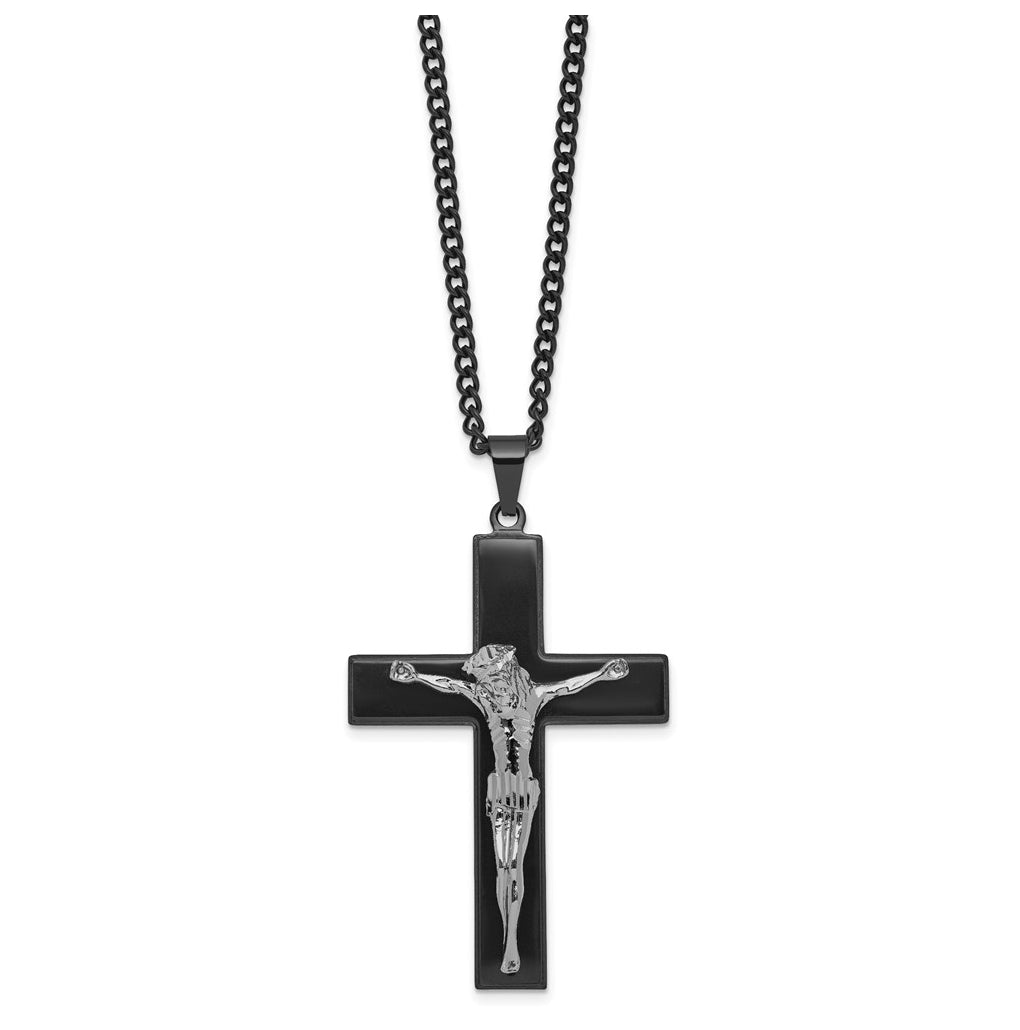 Stainless Steel Polished Black IP-plated Crucifix 24in Necklace