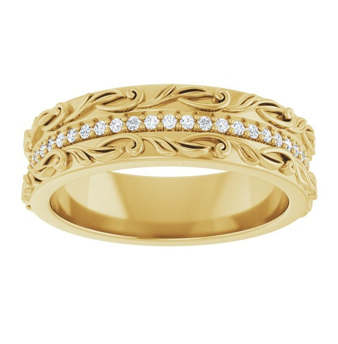 14K Yellow Gold Round 1.2 Mm 6 Mm Vs, F+ Polished 1/4 Ctw Lab-Grown Diamond Floral Accented Band Size 10