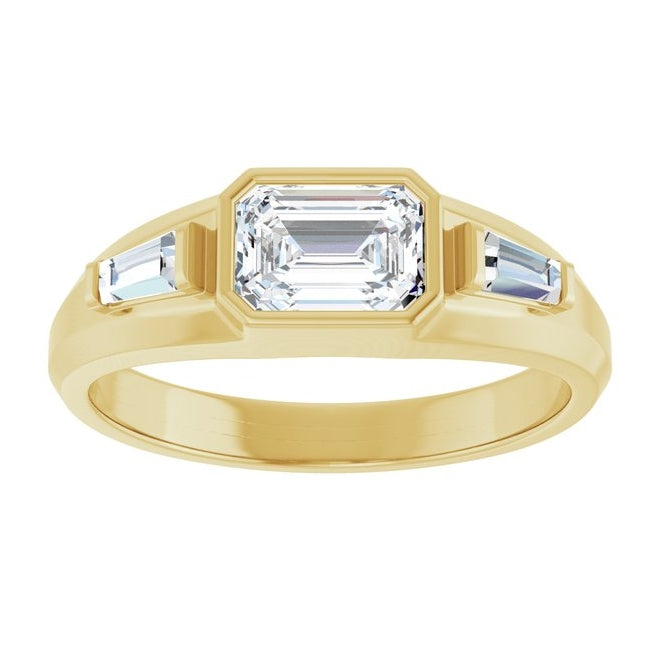 14K Yellow Gold Emerald 7 X 5 Mm 8.4 Mm Vs, F-G Polished 1 1/2 Ctw Lab-Grown Diamond Three Stone Band Size 10