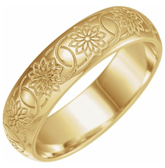 14K Yellow Gold 5 mm Floral Half Round Patterned Band