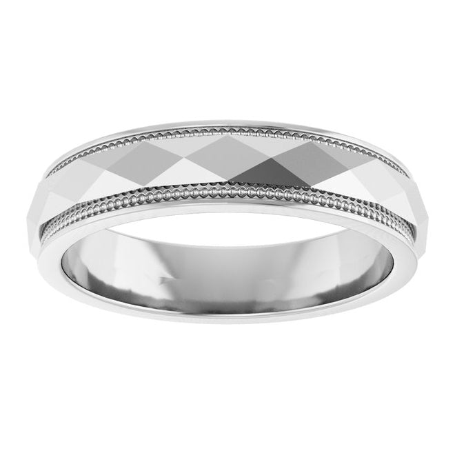 14K White Gold 4 Mm Polished Milgrain Edge Geometric Faceted Standard Fit Band Size 9.5