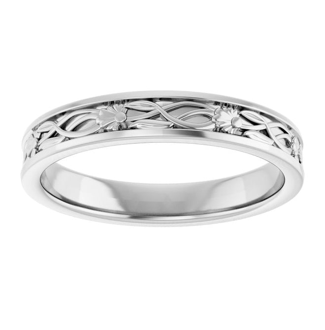 14K White Gold 2.3 Mm Polished Floral Band With Bead Blast Finish Size 7