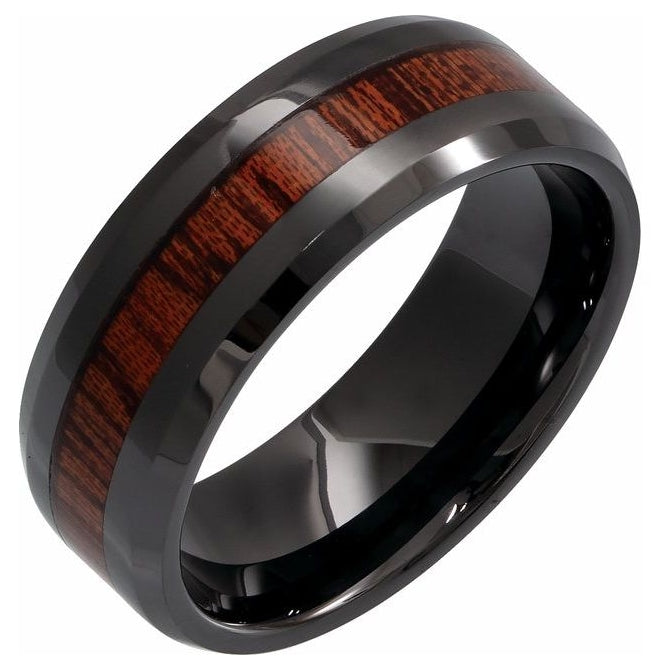 Black Ceramic Beveled-Edge Mahogany Wood Inlay 6 mm Comfort-Fit Band