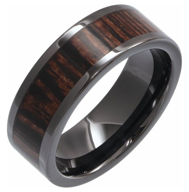 Black Ceramic Wenge Wood Inlay 8 mm Comfort-Fit Flat Band