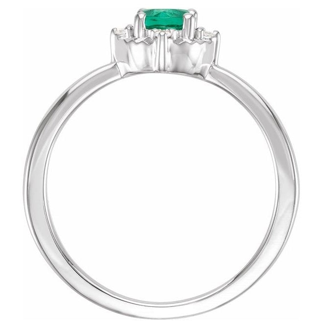 Sterling Silver Round 4.5 Mm I2, H+ Polished Lab-Grown Emerald And .04 Ctw Natural Diamond Ring Size 8