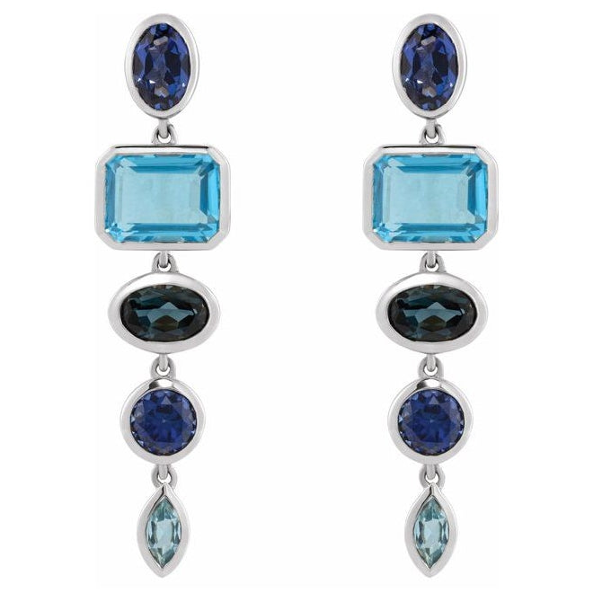 14K Yellow Or White Gold Oval 6 X 4 Mm Pair Friction Backs Polished Natural London Blue Topaz & Lab-Grown Blue Sapphire Dangle Earrings