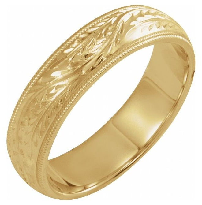 14K Yellow Gold Polished Hand Engraved Wedding Band