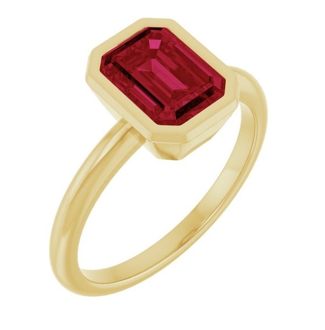 14K Yellow Gold Emerald 8 X 6 Mm Polished Lab-Grown Gem Solitaire Bezel-Set Ring Size 7