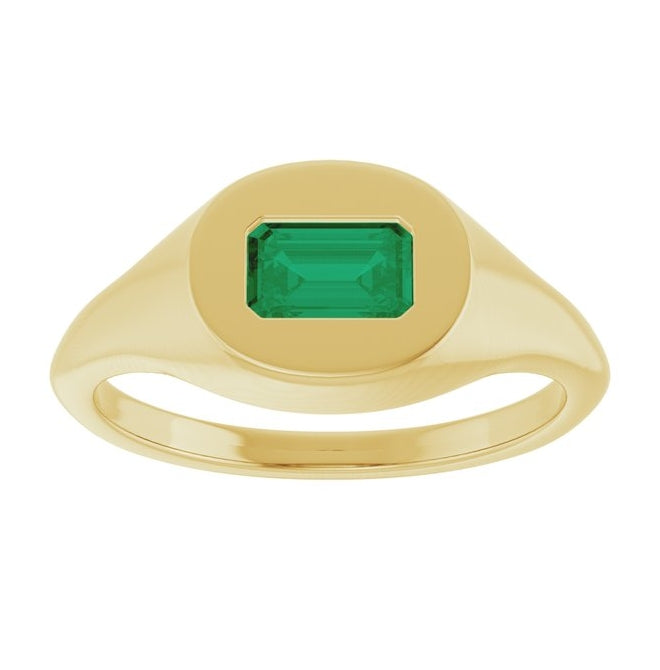 14K Yellow Gold Emerald 6 X 4 Mm Polished Lab-Grown Emerald Solitaire Signet Ring Size 7
