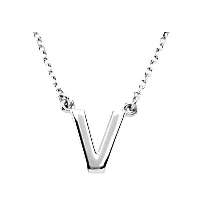 14K White Gold 16 In Polished Block Initial V Necklace