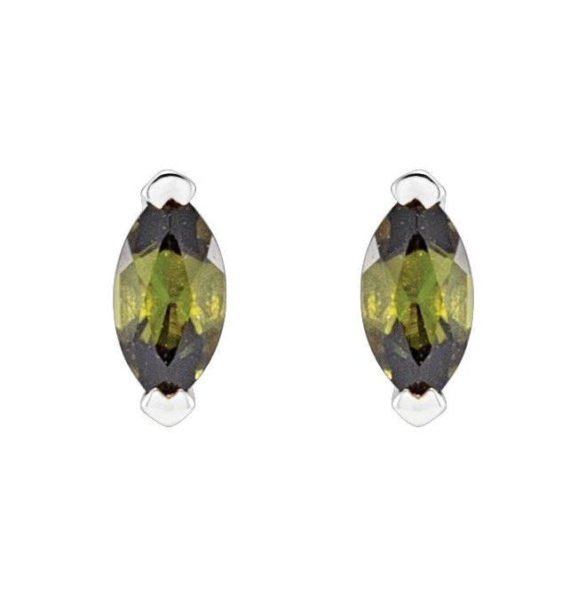 Sterling Silver Marquise Pair 4 X 2 Mm Friction Backs 2-Prong Polished Natural Green Tourmaline Solitaire V-Prong Earrings