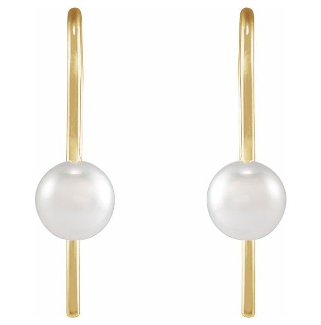 14K Yellow Gold Cultured White Akoya Pearl Wire Earrings