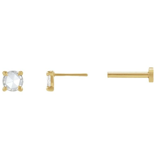 14K Yellow Gold 3.5 Mm Round Each Tension Back 6 Mm Polished 1/6 Ct Natural Rosecut Diamond 4-Claw Prong Earring With Press Fit Back