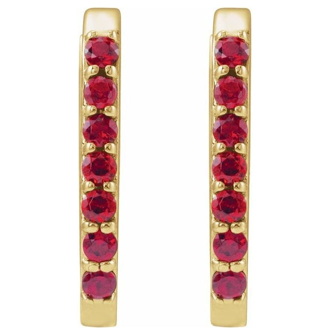 14K Yellow Gold 1.6 Mm Round 1.5 Mm Pair Hinged Polished Lab-Grown Ruby Hoop Earrings