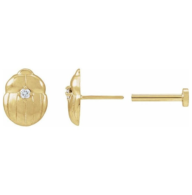 14K Yellow Gold Round 1.5 Mm Each Tension Back Polished .02 Ctw Natural Diamond Scarab Insect Earring