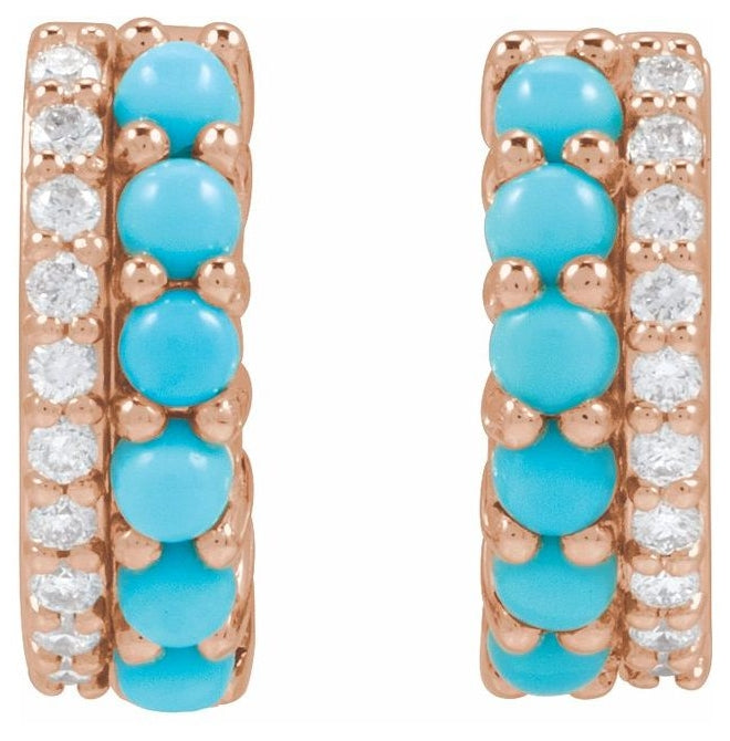 14K Rose Gold Natural Turquoise & 1/8 CTW Natural Diamond Huggie Hoop Earrings