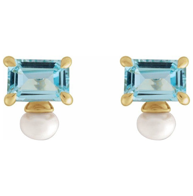 14K Yellow Gold Natural Sky Blue Topaz & Cultured White Freshwater Pearl Earrings