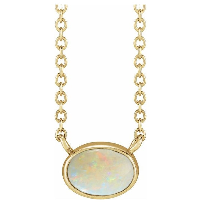 14K Yellow Gold Oval 8 X 6 Mm 18 In Polished Lab-Grown White Opal Cabochon Solitaire Necklace