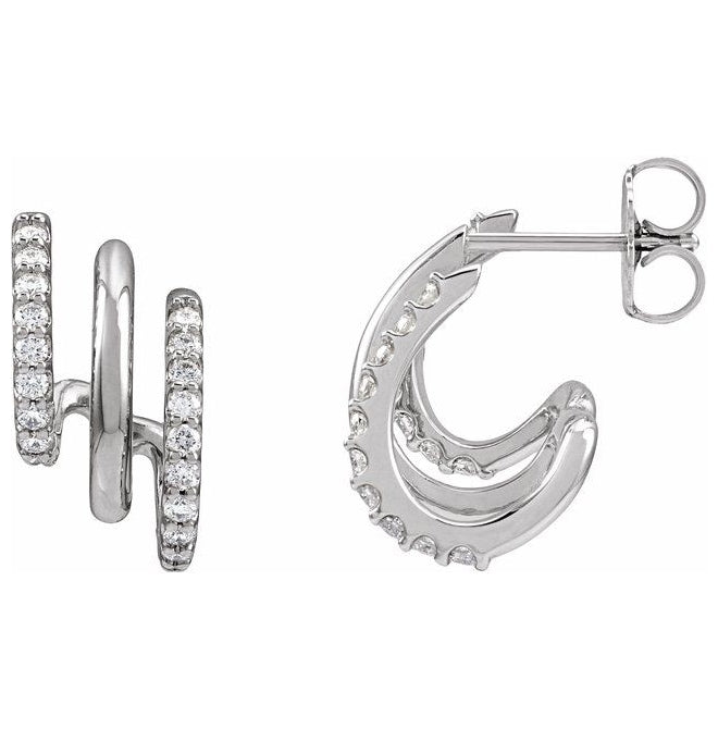 14K Yellow Or White Gold Round 15.2 Mm 7.1 Mm 1.3Mm Vs, F+ Pair Friction Backs Polished 1/3 Ctw Lab-Grown Diamond Faux Stacked Three-Row Hoop Earrings
