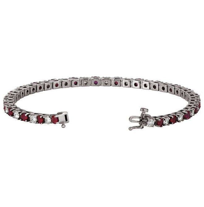 14K White Gold Round 3Mm Vs, F+ 7 In Polished Lab-Grown Ruby And Diamond Line Bracelet
