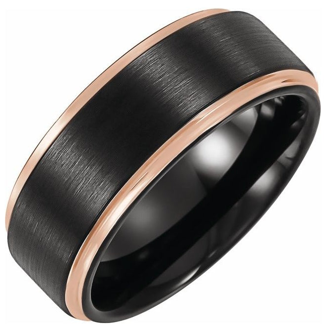 18K Rose Gold PVD & Black PVD Tungsten 6 mm Stepped-Edge Comfort-Fit Flat Band Size 13