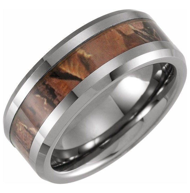 Tungsten 8 mm Beveled-Edge Acacia Wood Inlay Comfort-Fit Band