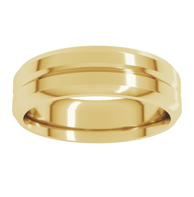 18K Yellow Gold 6 mm Beveled-Edge Centered Groove Comfort-Fit Flat Band Size 10