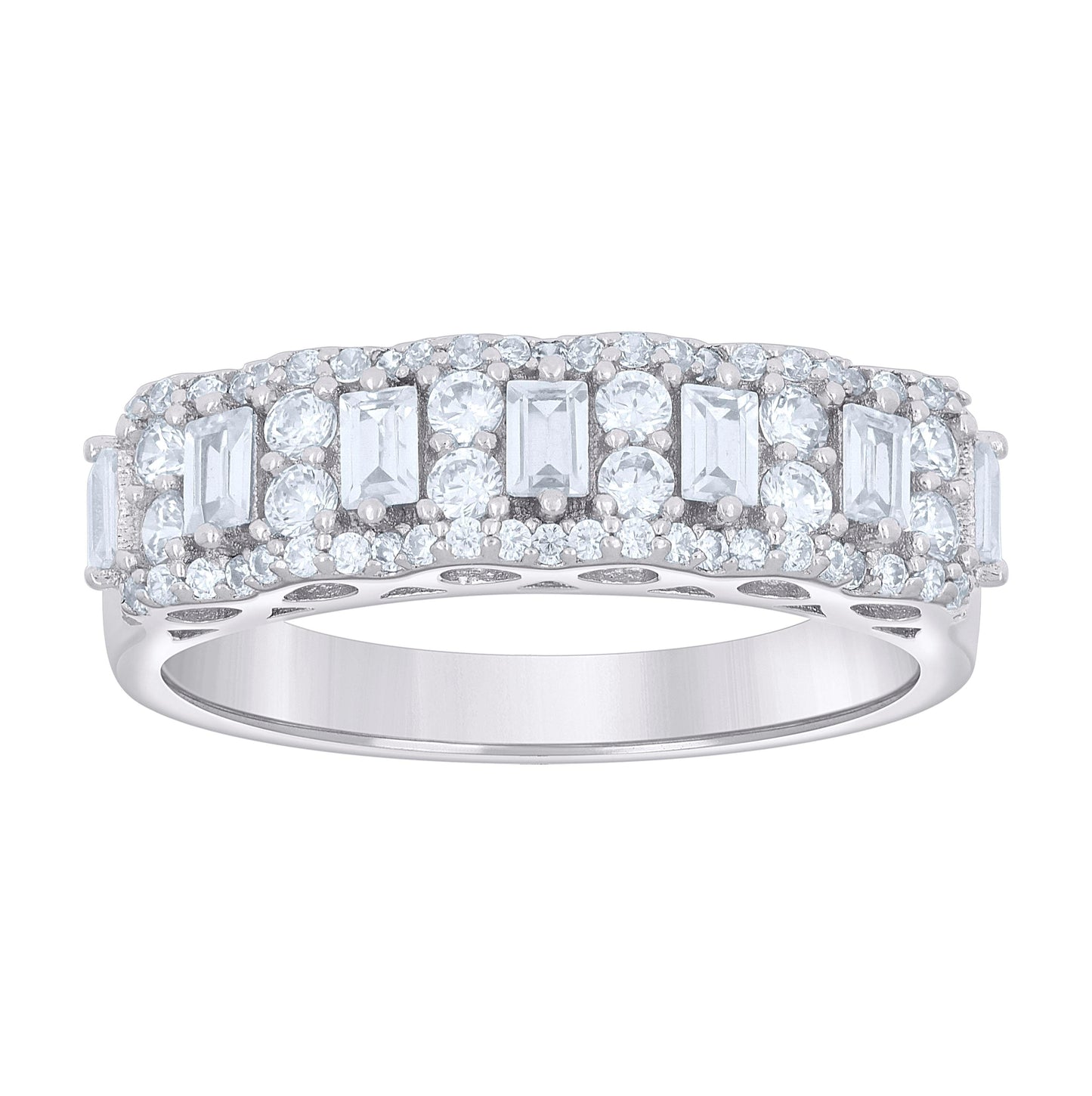Sterling Silver Womens Baguette Round Cubic-Zirconia Fashion Bridal Anniversary Engagement Wedding Band Ring