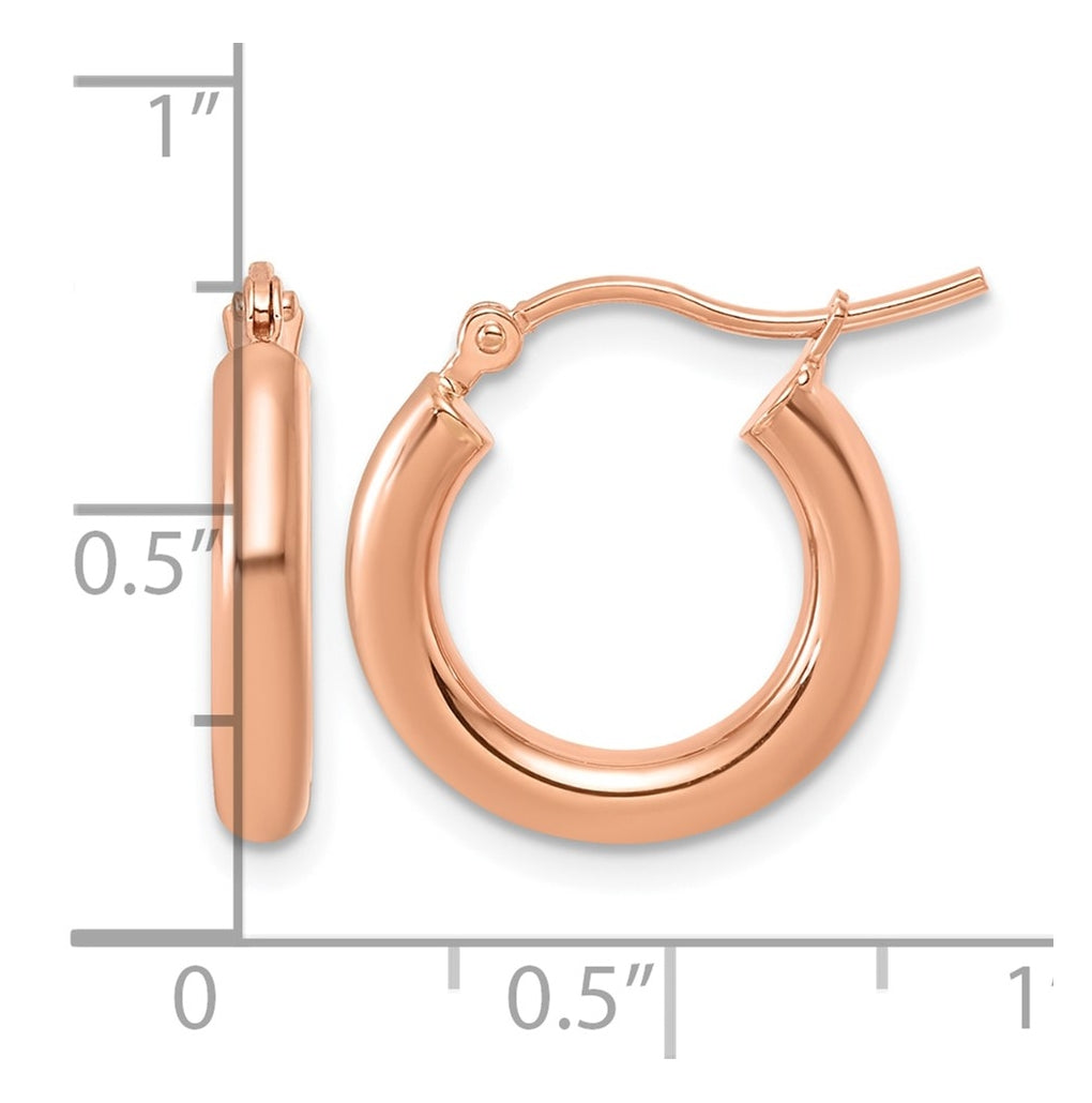 14k Rose Gold Polished 3mm x 17mm Lightweight Tube Hoop Earrings