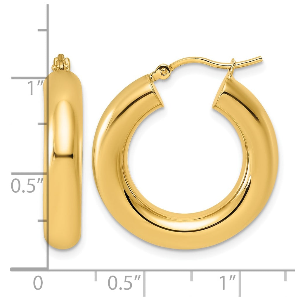 10k Yellow Gold Polished 5mm x 25mm Tube Hoop Earrings