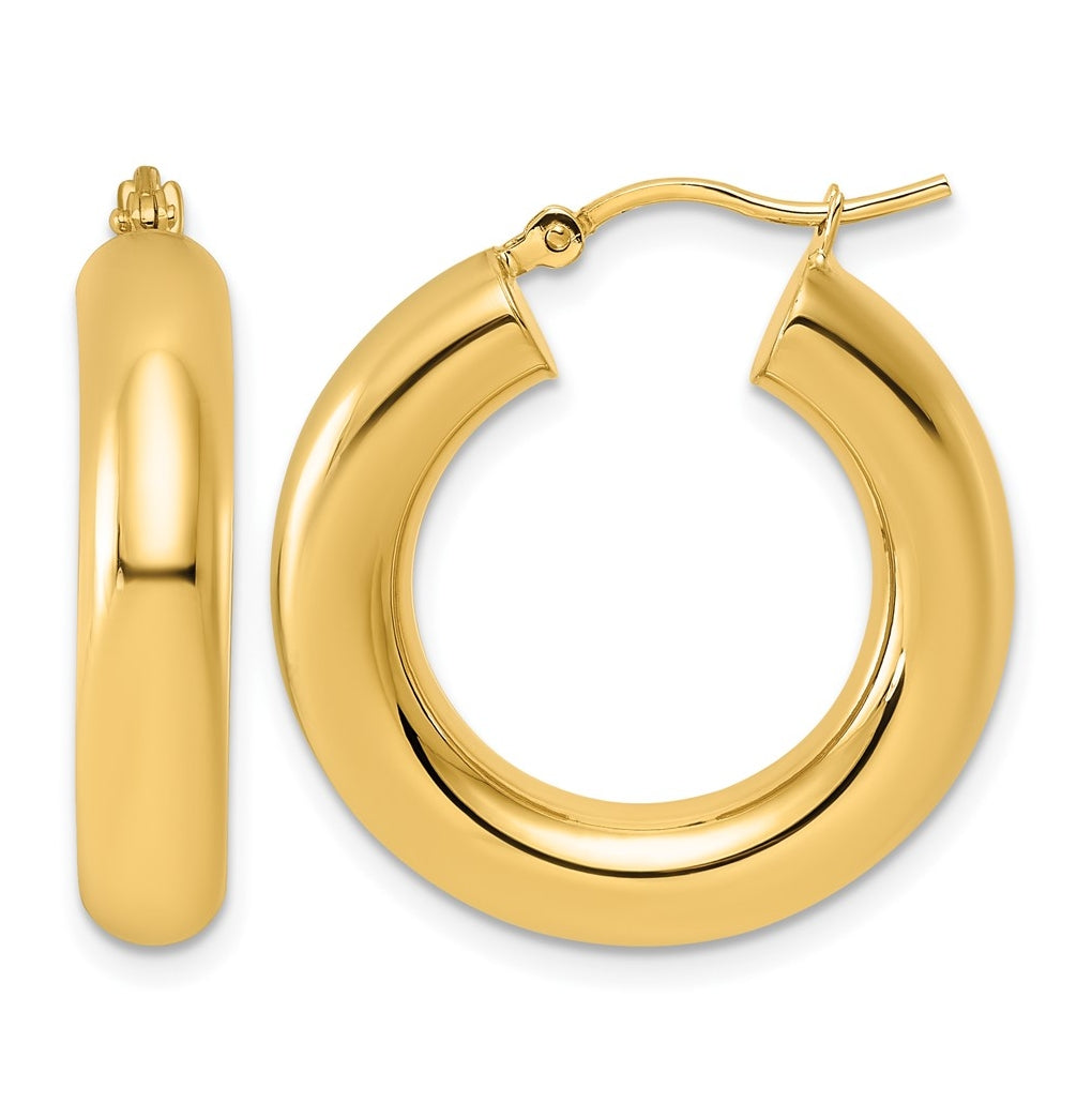 10k Yellow Gold Polished 5mm x 25mm Tube Hoop Earrings