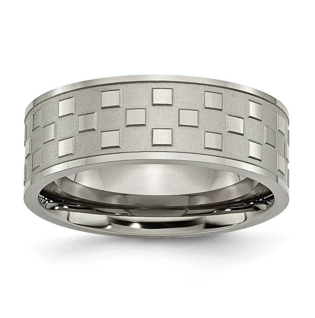 Titanium Satin and Polished Checkered 8mm Band – Elegant Jewelry Gift for Birthday, Anniversary, Engagement, Wedding