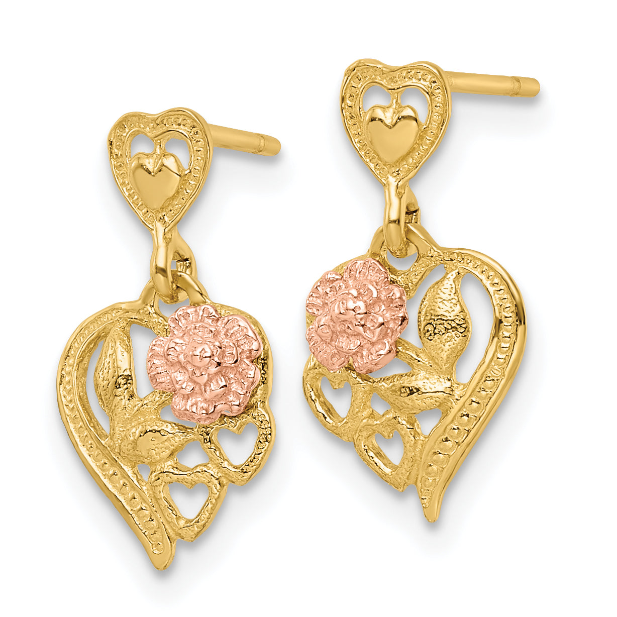 14k Two-tone Heart with Flower Post Dangle Earrings