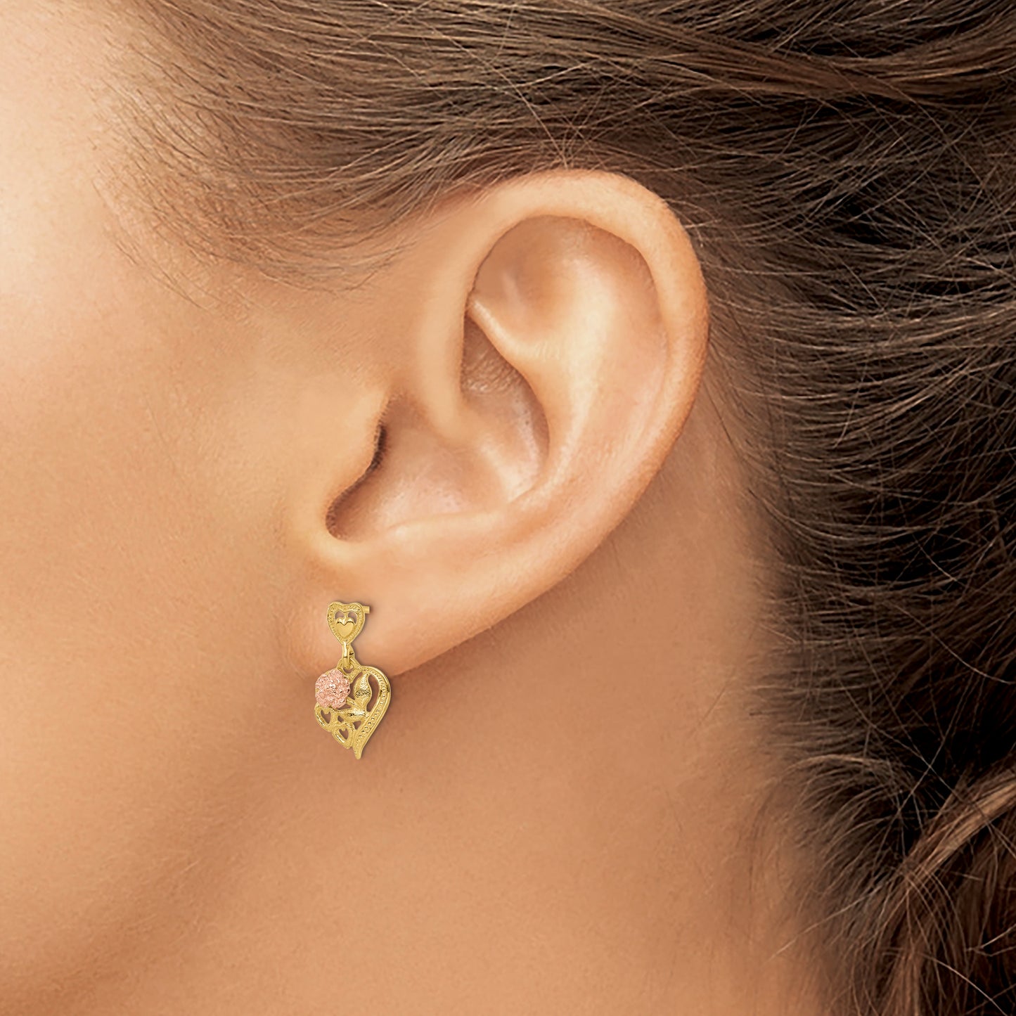 14k Two-tone Heart with Flower Post Dangle Earrings