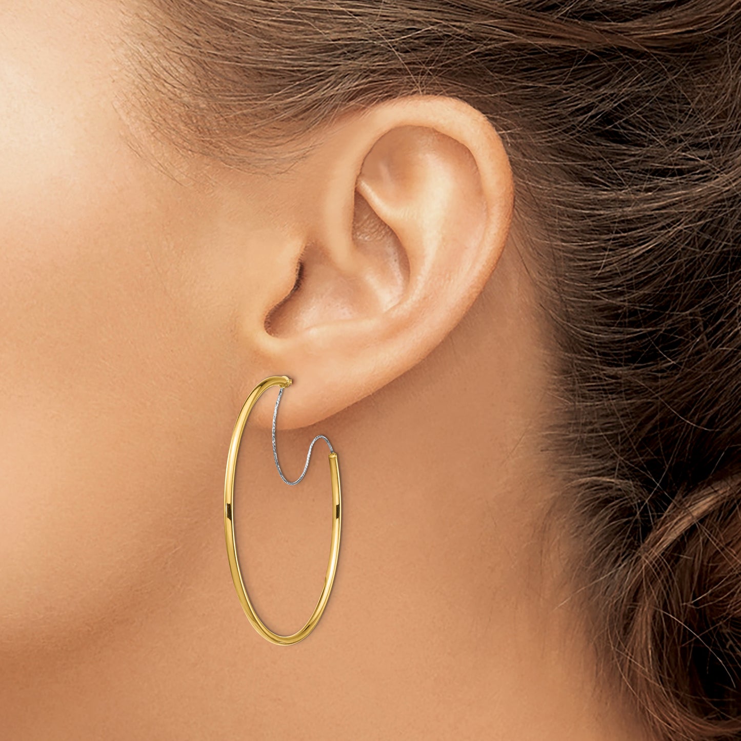 14K Two-Tone Large 2x45mm Diamond Cut Wire Polished Hoop Earrings