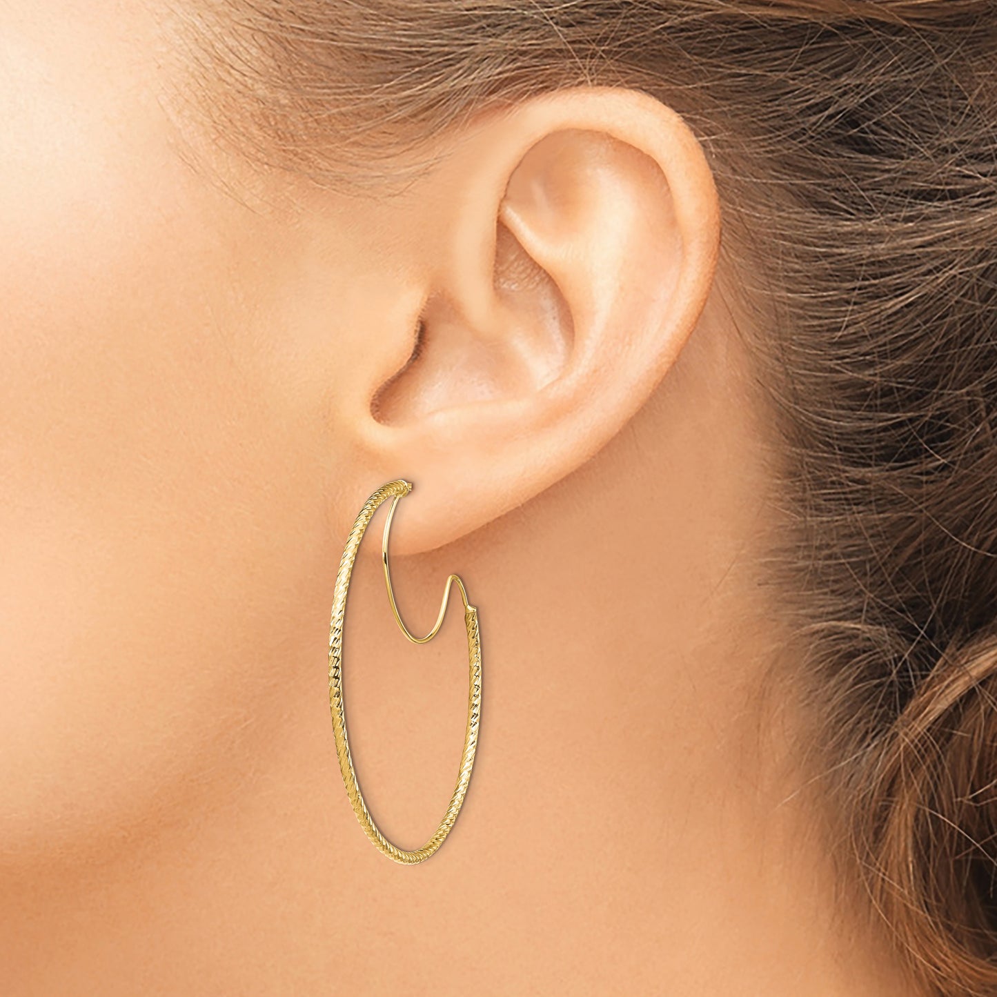 14K Yellow Gold 1.5x40mm D/C with Polished wire Hoop Earrings