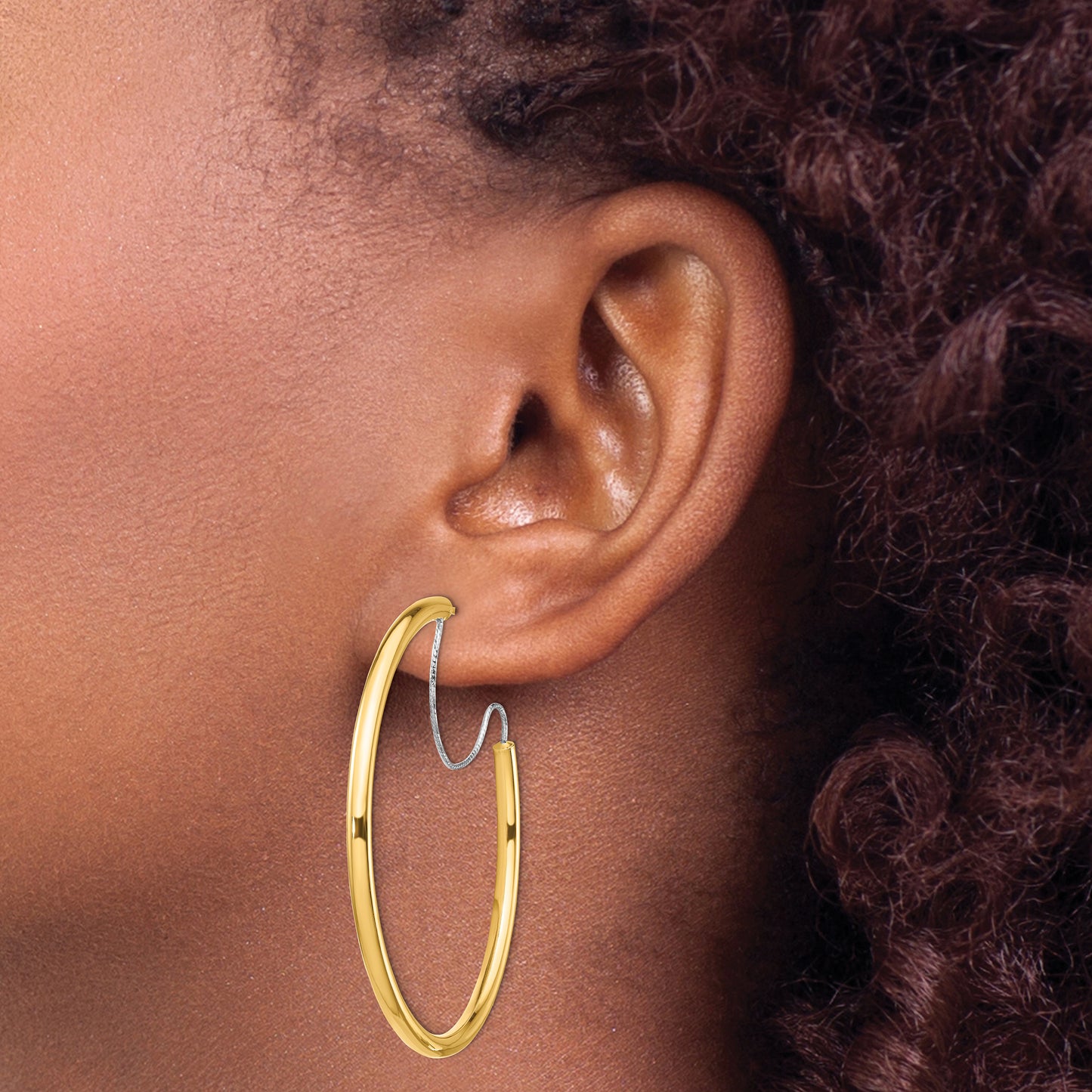 14K Yellow Gold 2.5x40mm Polished with D/C wire Hoop Earrings