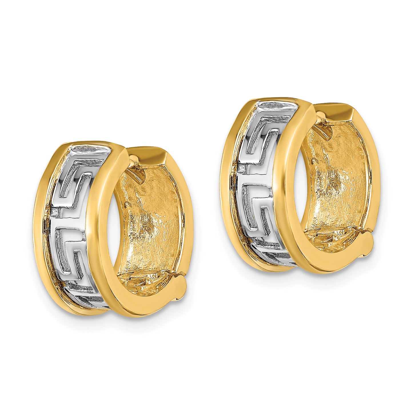 14K Two-Tone Cut-Out Greek Key Hinged Hoop Earrings