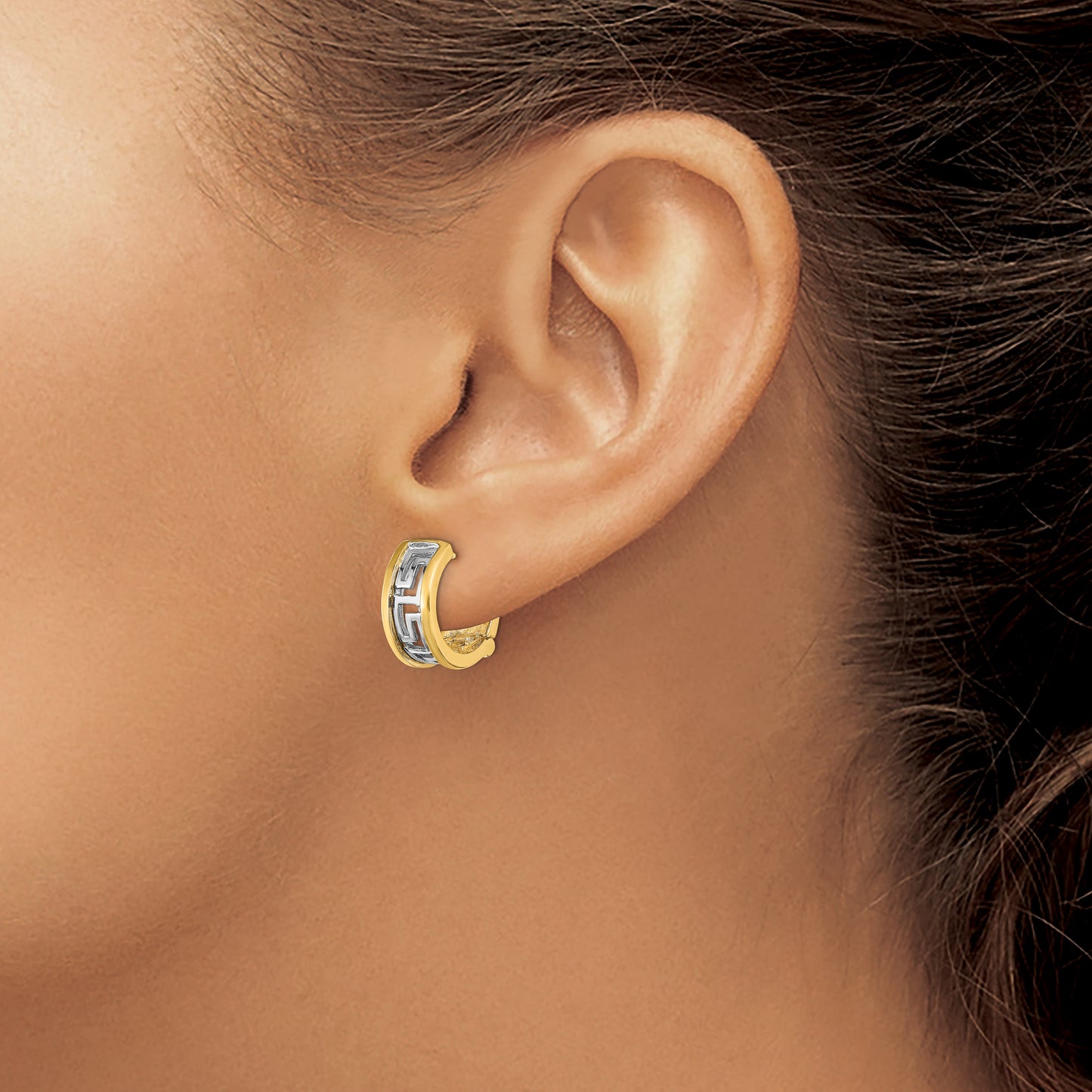 14K Two-Tone Cut-Out Greek Key Hinged Hoop Earrings