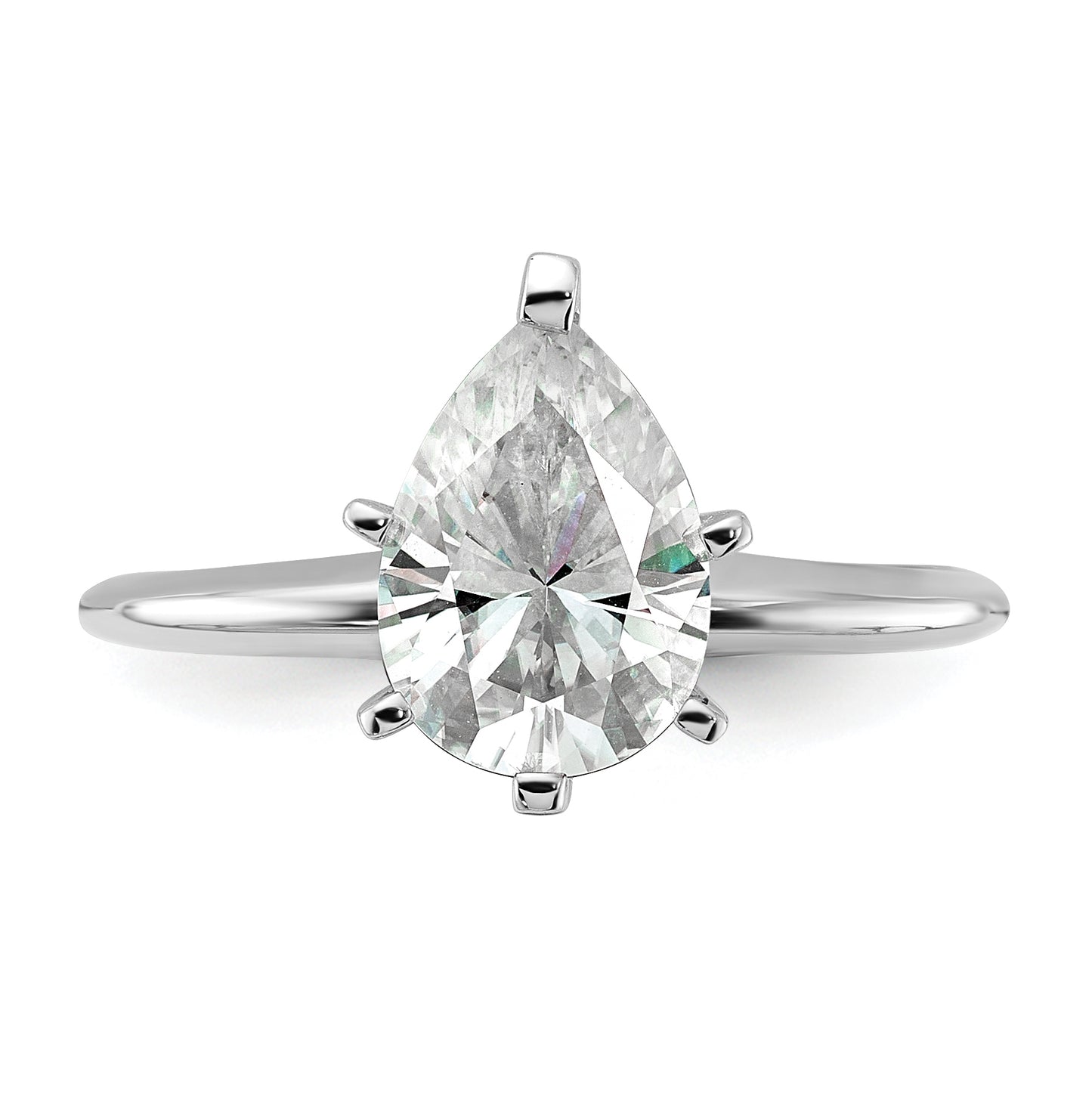 14K White Gold 2ct. D E F Pure Light Pear Moissanite Solitaire Ring, Size 9