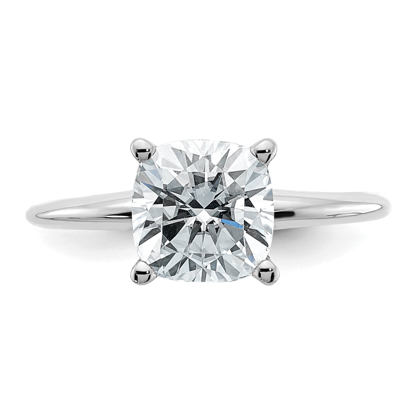 14K White Gold 2ct. D E F Pure Light Cushion Moissanite Solitaire Ring, Size 9