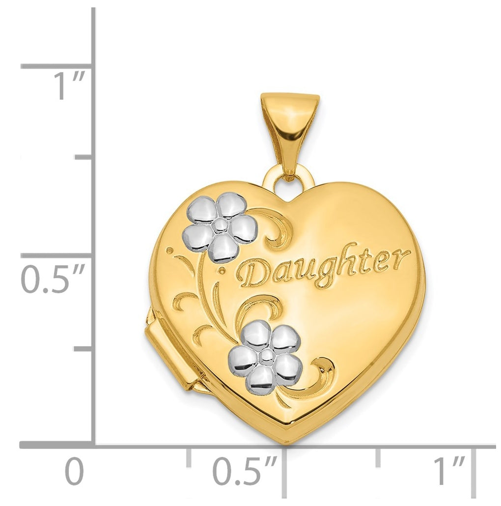 14K Yellow Gold w/ Rhodium DAUGHTER Floral 18mm Heart Locket – Elegant Jewelry Gift for Birthday, Anniversary, Engagement, Wedding