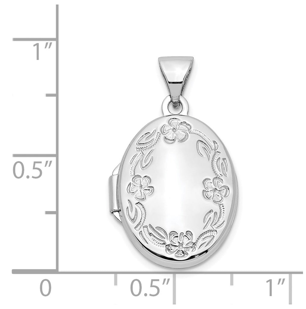 14k White Gold 17mm Oval Leaf Floral Hand Engraved Locket – Elegant Jewelry Gift for Birthday, Anniversary, Engagement, Wedding