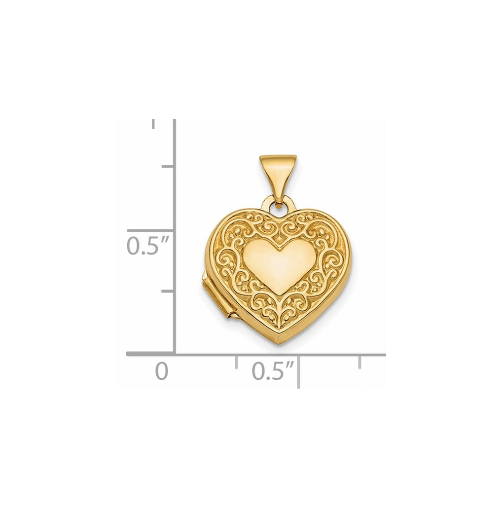 14K Yellow Gold Polished Fancy Scroll Design Reversible 15mm Heart Locket – Elegant Jewelry Gift for Birthday, Anniversary, Engagement, Wedding