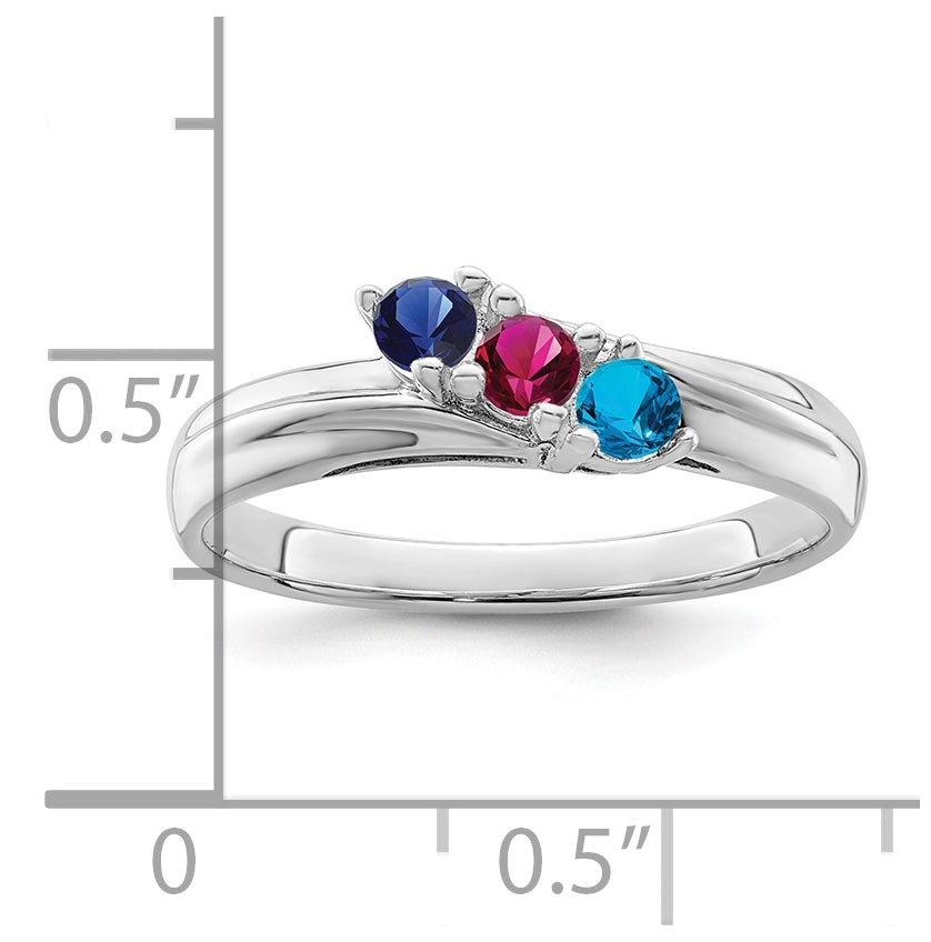 Sterling Silver Rhodium plated Synthetic 3 Stone Mother's Ring, Size 8