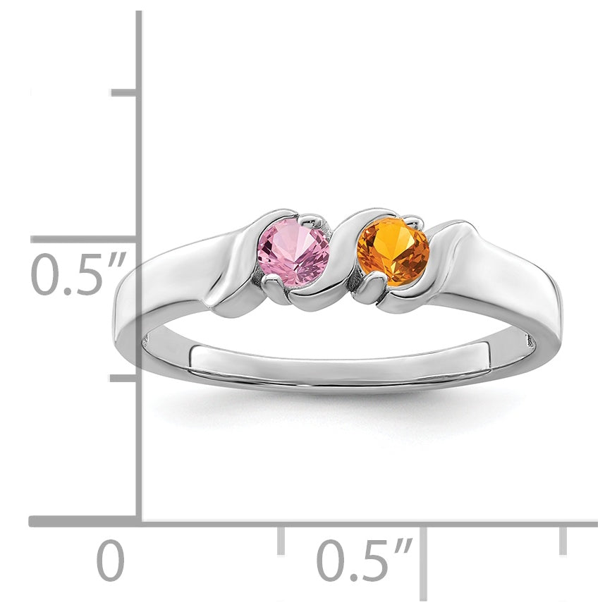 Sterling Silver Rhodium plated Synthetic 2 Stone Mother's Ring, 3 mm Band width
